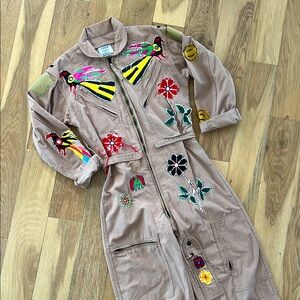 Vintage Embroidered Flight Suit with Colorful Bird and Floral Designs